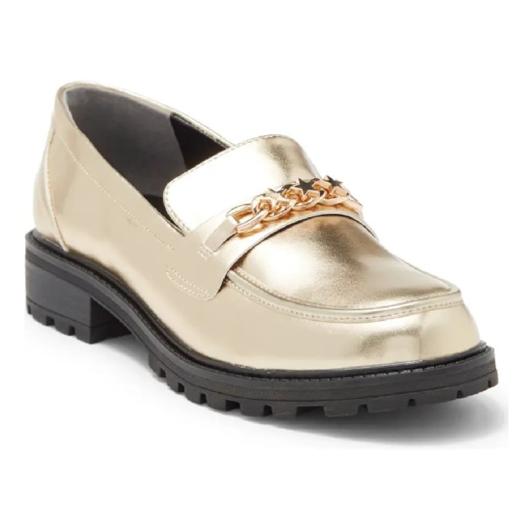 Nina Gold Loafers Kids Youth Size 6 Metallic Chain Lug Sole Slip On NEW